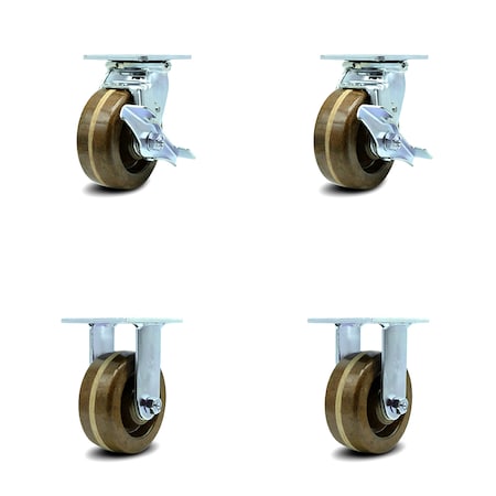 Service Caster 5 Inch High Temp Phenolic Caster Set with Roller Bearings 2 Brakes 2 Rigid SCC SCC-30CS520-PHRHT-TLB-2-R520-2